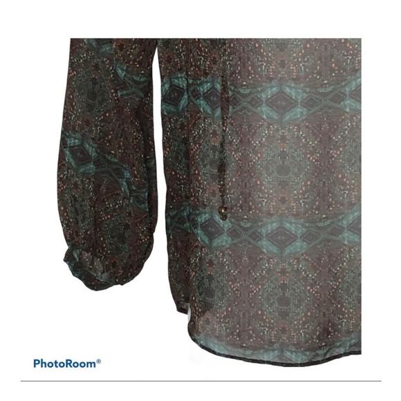 Zara Basic Boho Sheer Blouse Self-Tie Neck Multicolor Long Sleeve Small - Picture 6 of 15